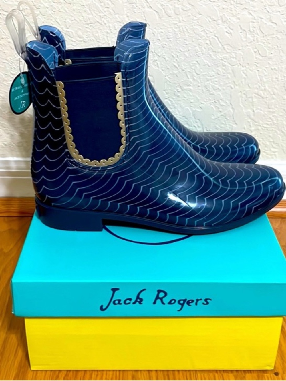 Jack Rogers Navy & White Wave-Print Sallie Boots with Gold Trim